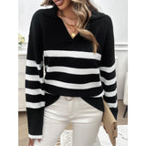 Women Polo Collar Striped Knit Sweater, Long Sleeve Color Block Loose Fit Fall Winter Casual Pullover Top