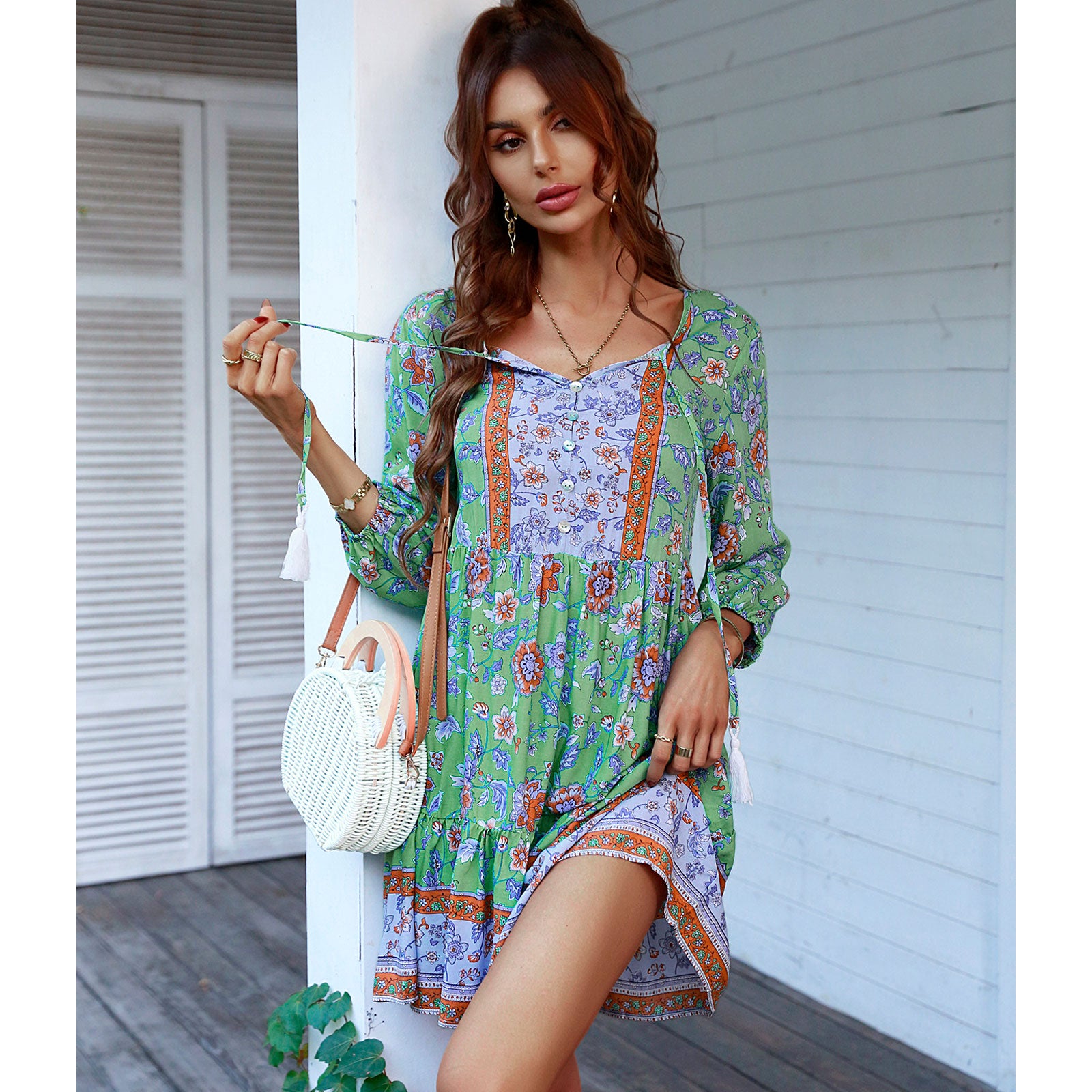Women's Retro Bohemian Beach Casual Mini Dress - V-Neck, 3/4 Puff Sleeves, Lightweight Soft Elastic Ruffle Tiered Flowy Floral Print, Button Tassel Tie Breathable Summer Dress