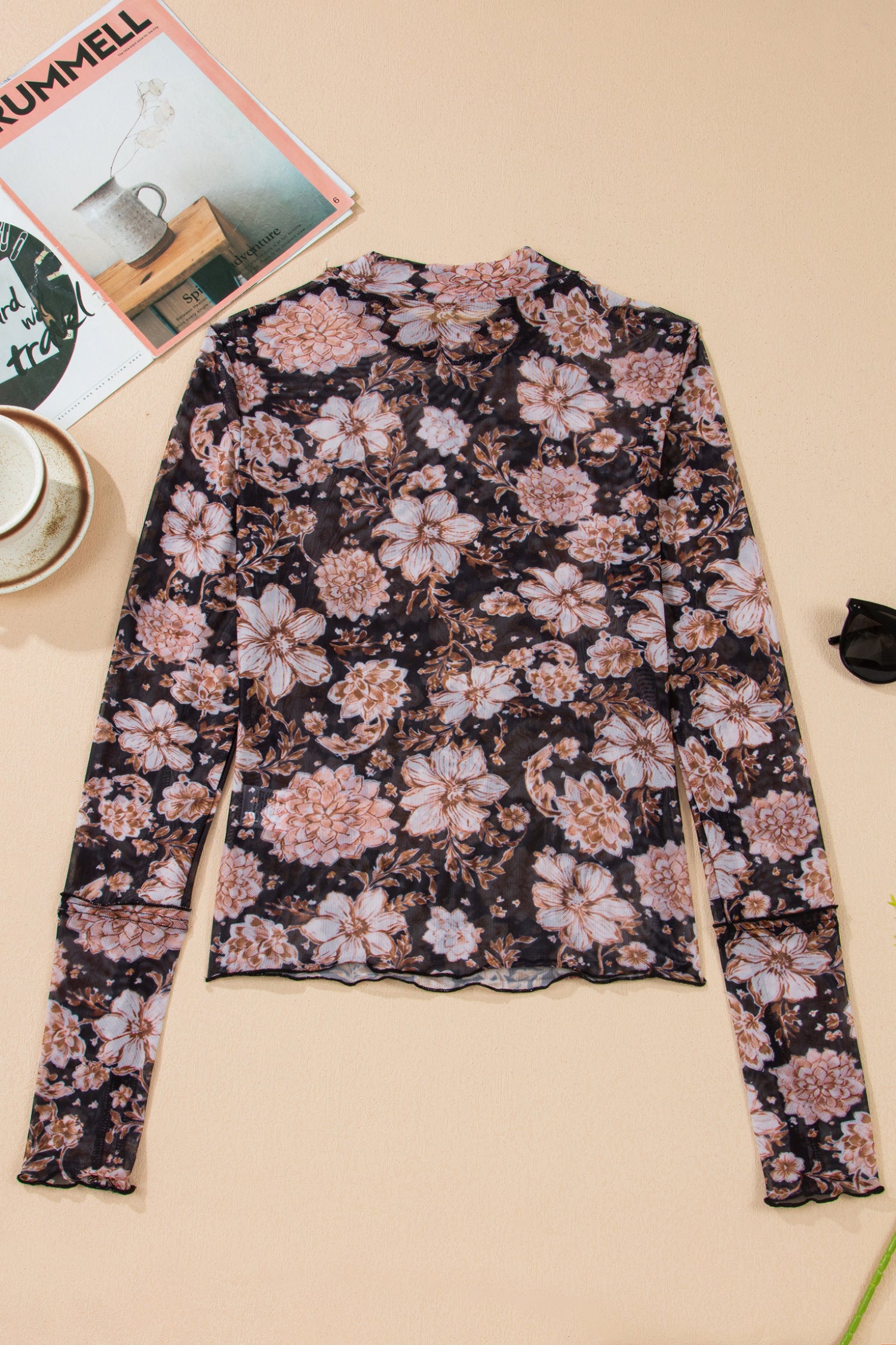 Black Floral Print Mesh Mock Neck Long Sleeve Top