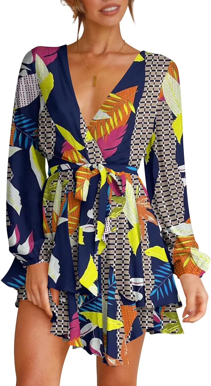 Women's Dress Deep V-Neck Long Sleeve Waist Tie Ruffle Mini Swing Skater Dresses