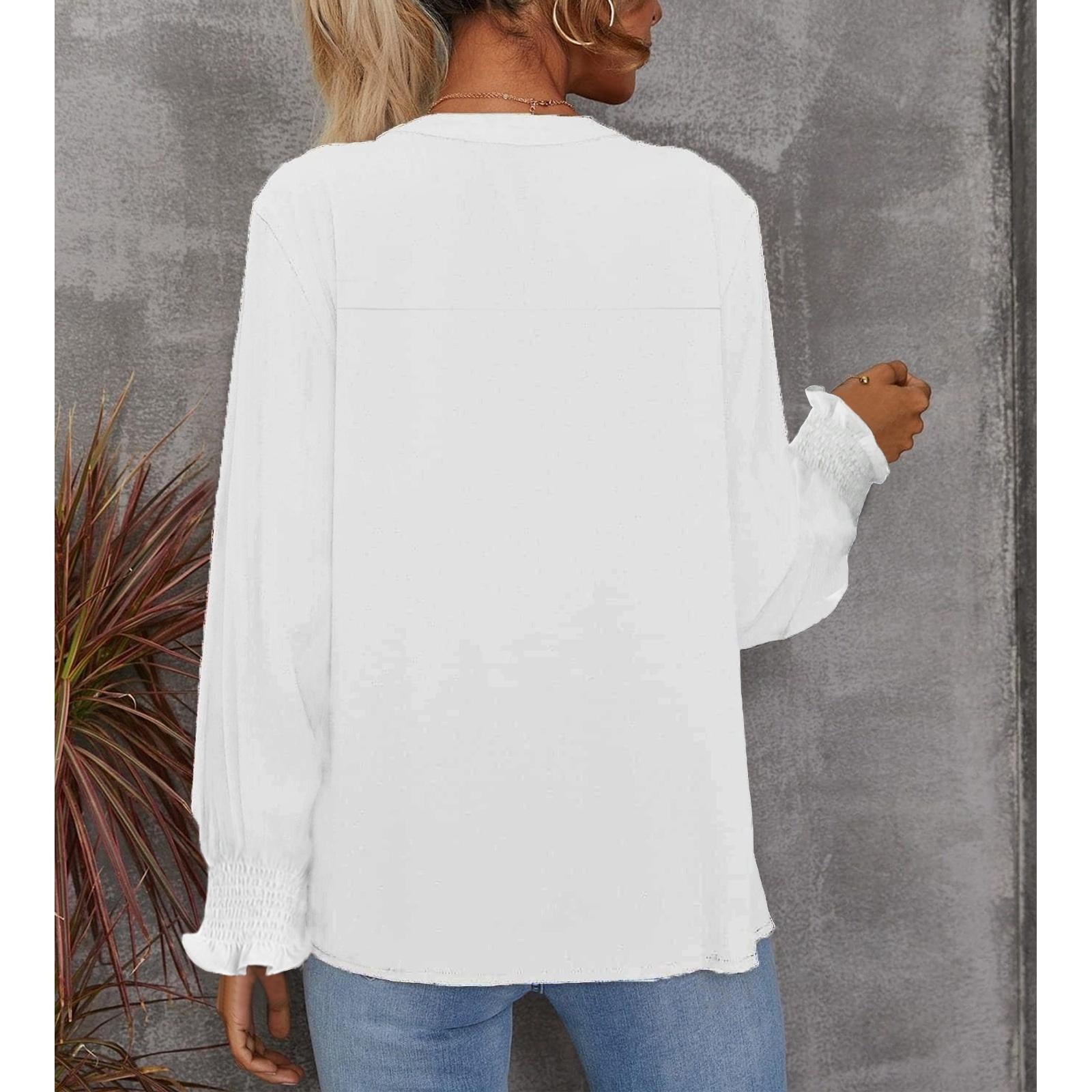 Women's V Neck Chiffon Blouse, Long Sleeve Smocked Cuff Flowy Casual Work Top, Loose Fit Dressy Shirts for Women