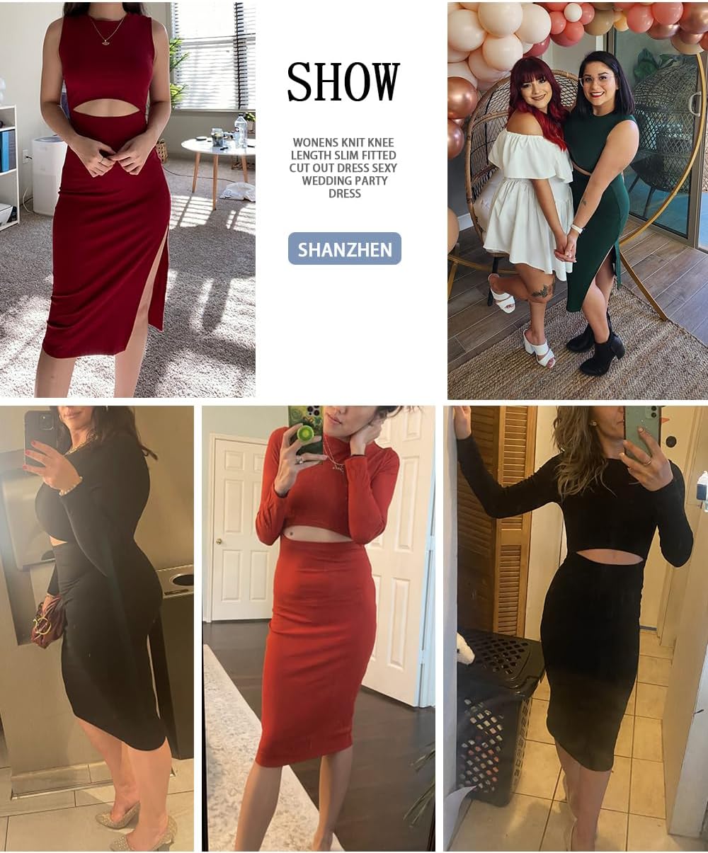 Women Long Sleeve Bodycon Dress Casual Fashion Crewneck Cut Out Knit Ribbed Slim Midi Pencil Dress