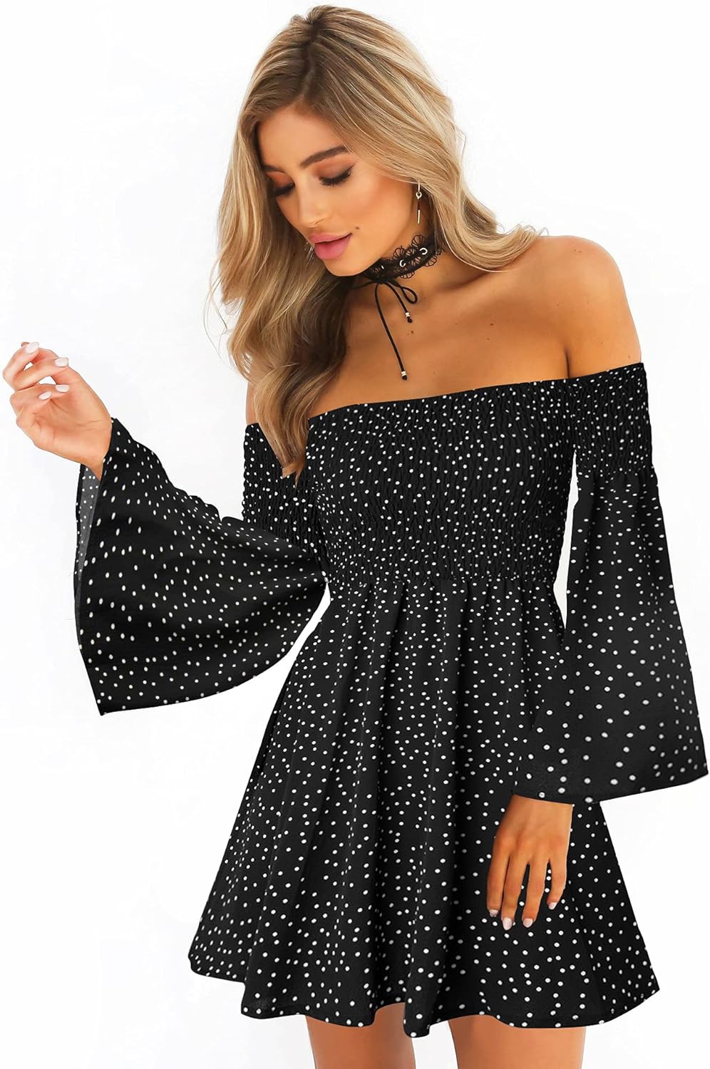 Women's Dress Summer Floral Long Sleeve Off Shoulder Casual Mini Dresses