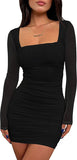 Women's Sexy Ruched Bodycon Mini Dress Mesh Long Sleeve Club Party Short Dresses