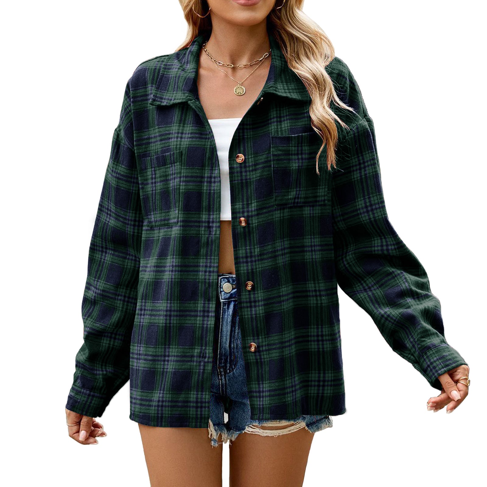 Lapel Long Sleeve Pocket Button Plaid Shirt Top Women