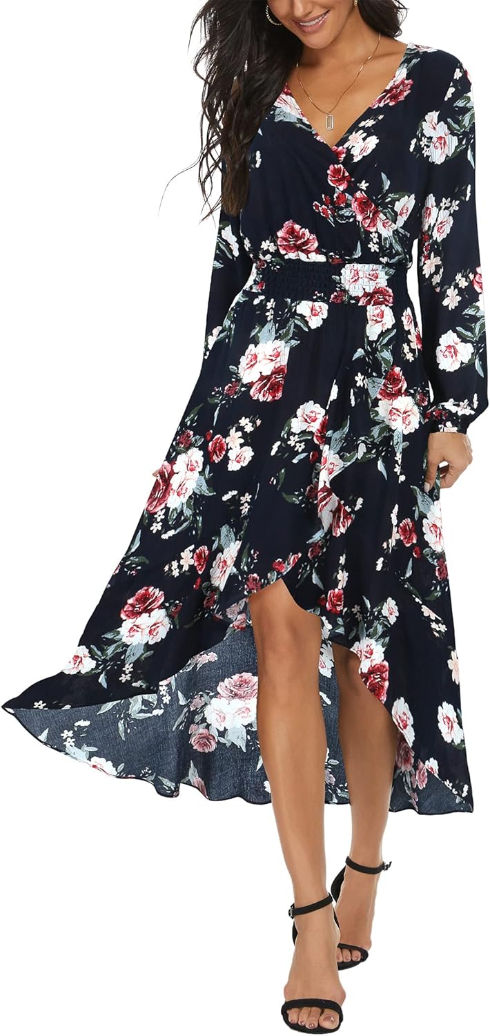Womens Short Sleeve Floral High Low V-Neck Flowy Party Long Maxi Dress