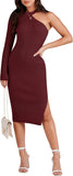 Women Fall Sweater Dress Sexy One Shoulder Long Sleeve Ribbed Knit Side Slit Bodycon Midi Dresses