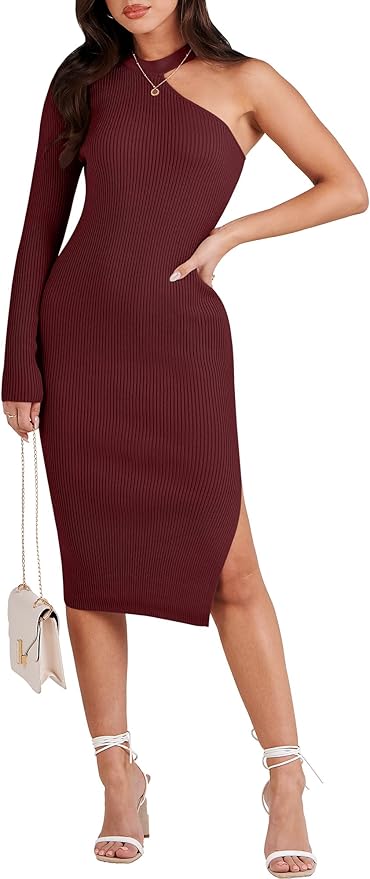 Women Fall Sweater Dress Sexy One Shoulder Long Sleeve Ribbed Knit Side Slit Bodycon Midi Dresses