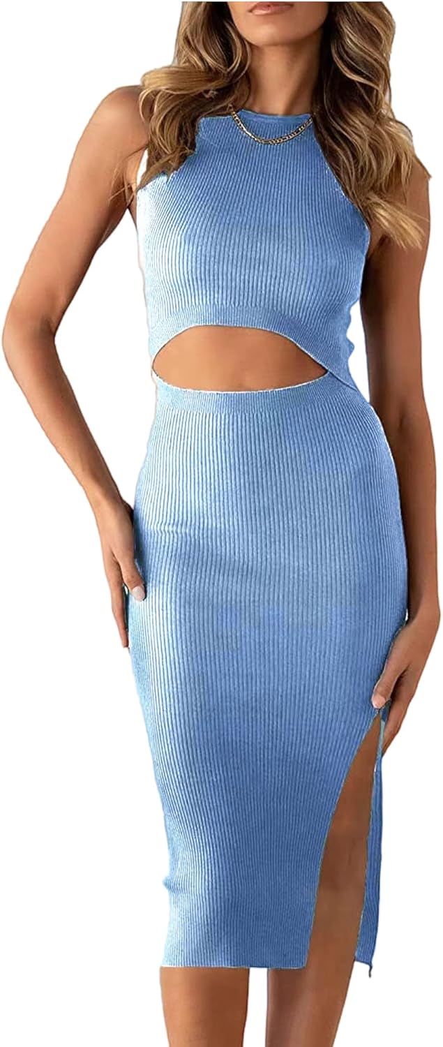 Women Long Sleeve Bodycon Dress Casual Fashion Crewneck Cut Out Knit Ribbed Slim Midi Pencil Dress