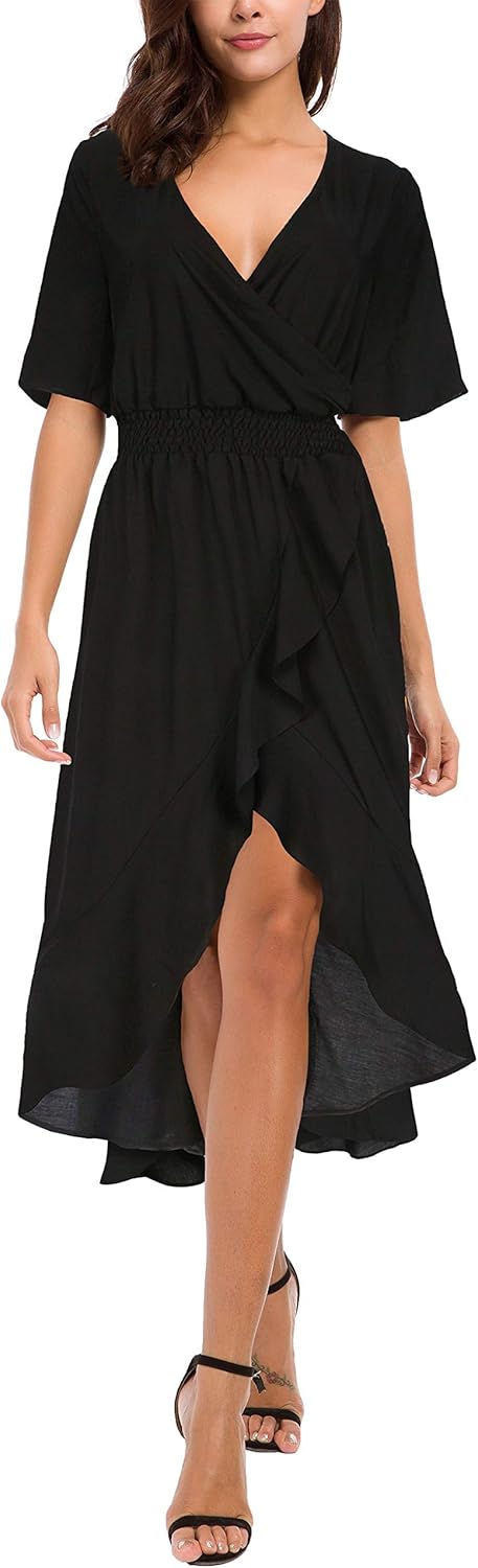 Womens Short Sleeve Floral High Low V-Neck Flowy Party Long Maxi Dress