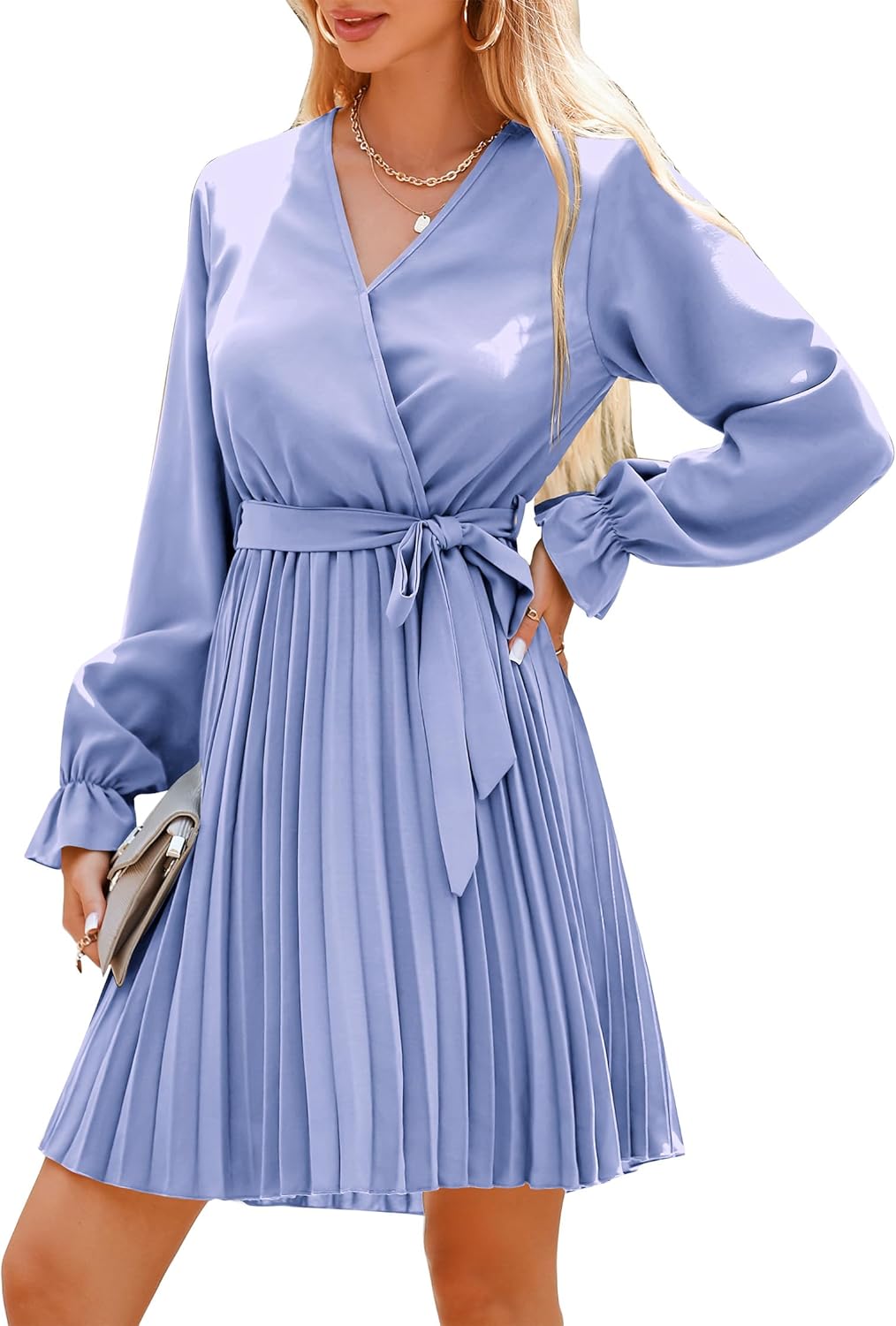 Women's 2023 Fall Long Sleeve Wrap V Neck Pleated Mini Cocktail Dress Casual A Line Flowy Wedding Guest Dresses