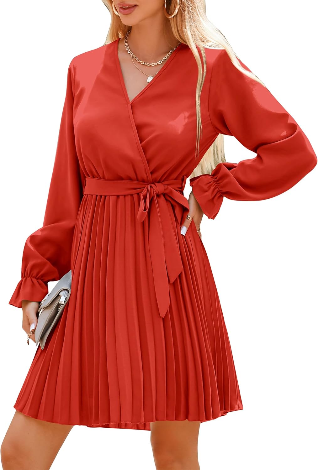 Women's 2023 Fall Long Sleeve Wrap V Neck Pleated Mini Cocktail Dress Casual A Line Flowy Wedding Guest Dresses