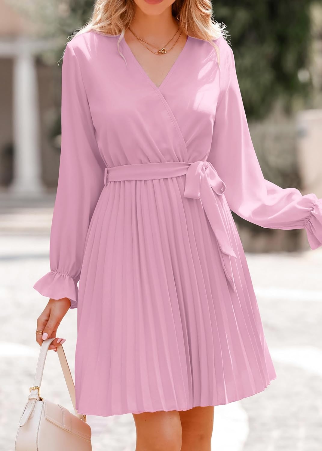 Women's 2023 Fall Long Sleeve Wrap V Neck Pleated Mini Cocktail Dress Casual A Line Flowy Wedding Guest Dresses