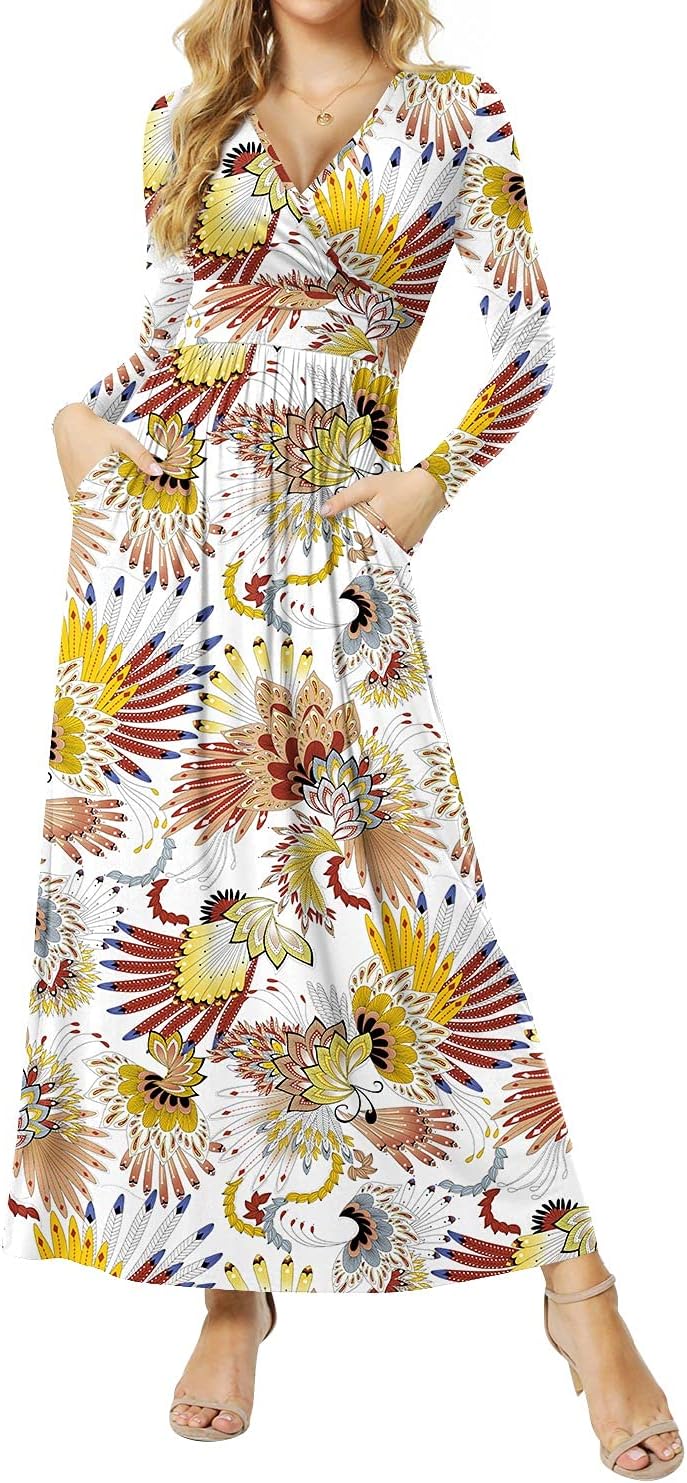 Women's Dresses Deep V-Neck Long Sleeve Empire Waist Long Dress Casual with Pockets