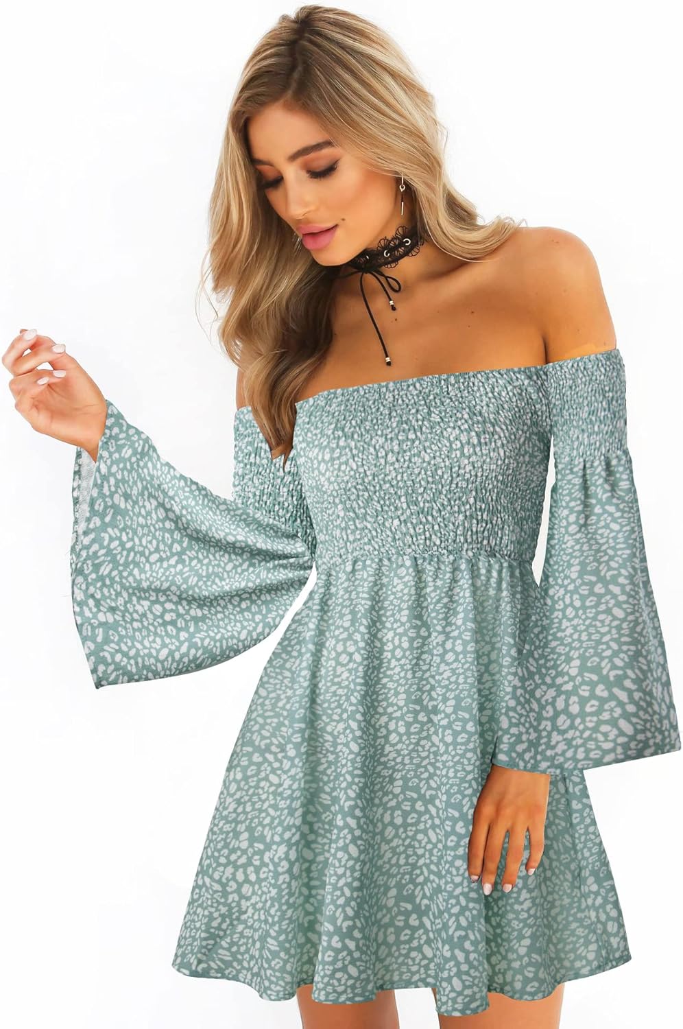 Women's Dress Summer Floral Long Sleeve Off Shoulder Casual Mini Dresses