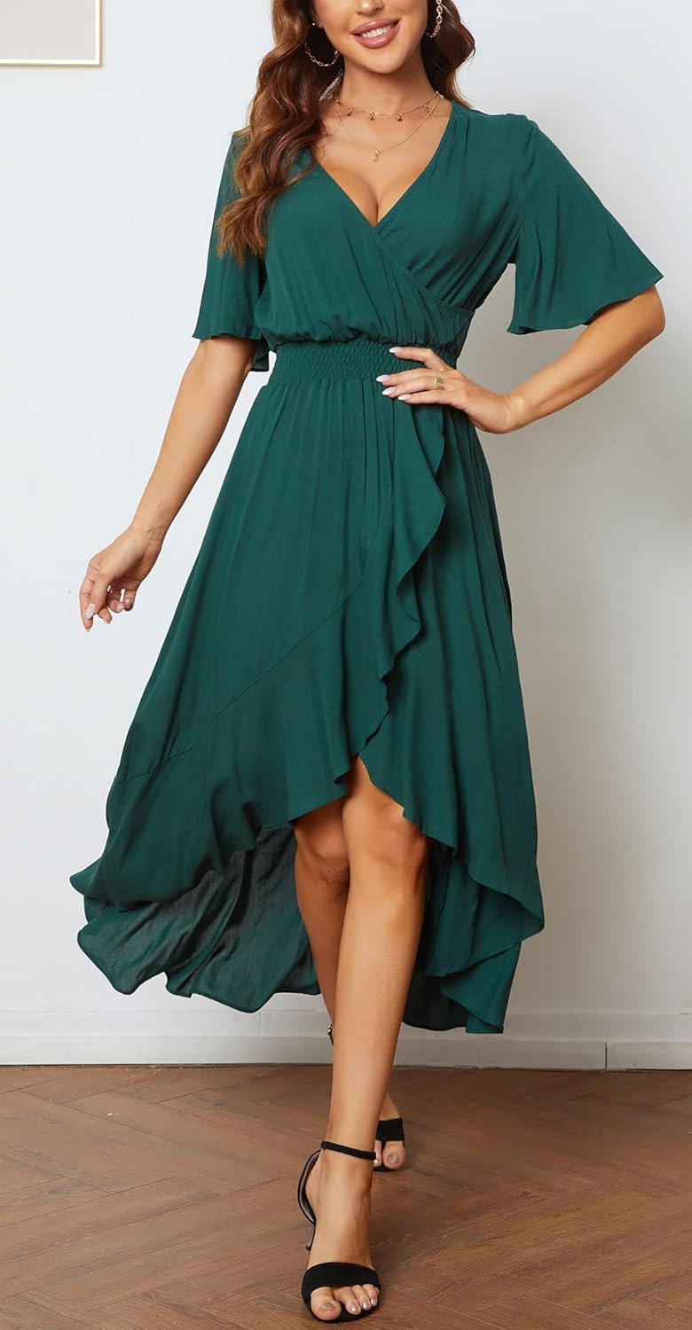 Womens Short Sleeve Floral High Low V-Neck Flowy Party Long Maxi Dress