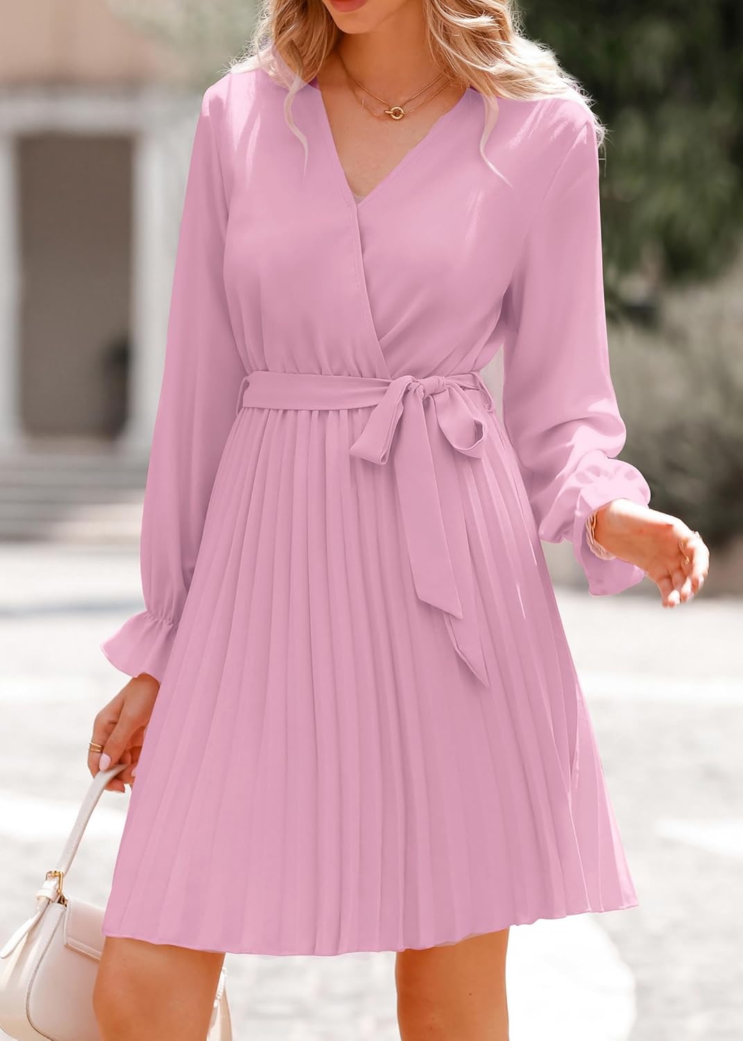 Women's 2023 Fall Long Sleeve Wrap V Neck Pleated Mini Cocktail Dress Casual A Line Flowy Wedding Guest Dresses