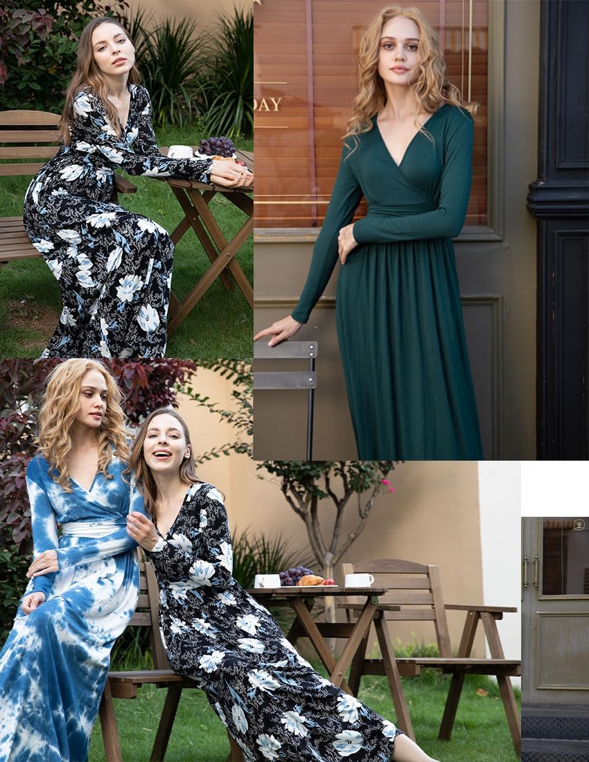 Women's Dresses Deep V-Neck Long Sleeve Empire Waist Long Dress Casual with Pockets