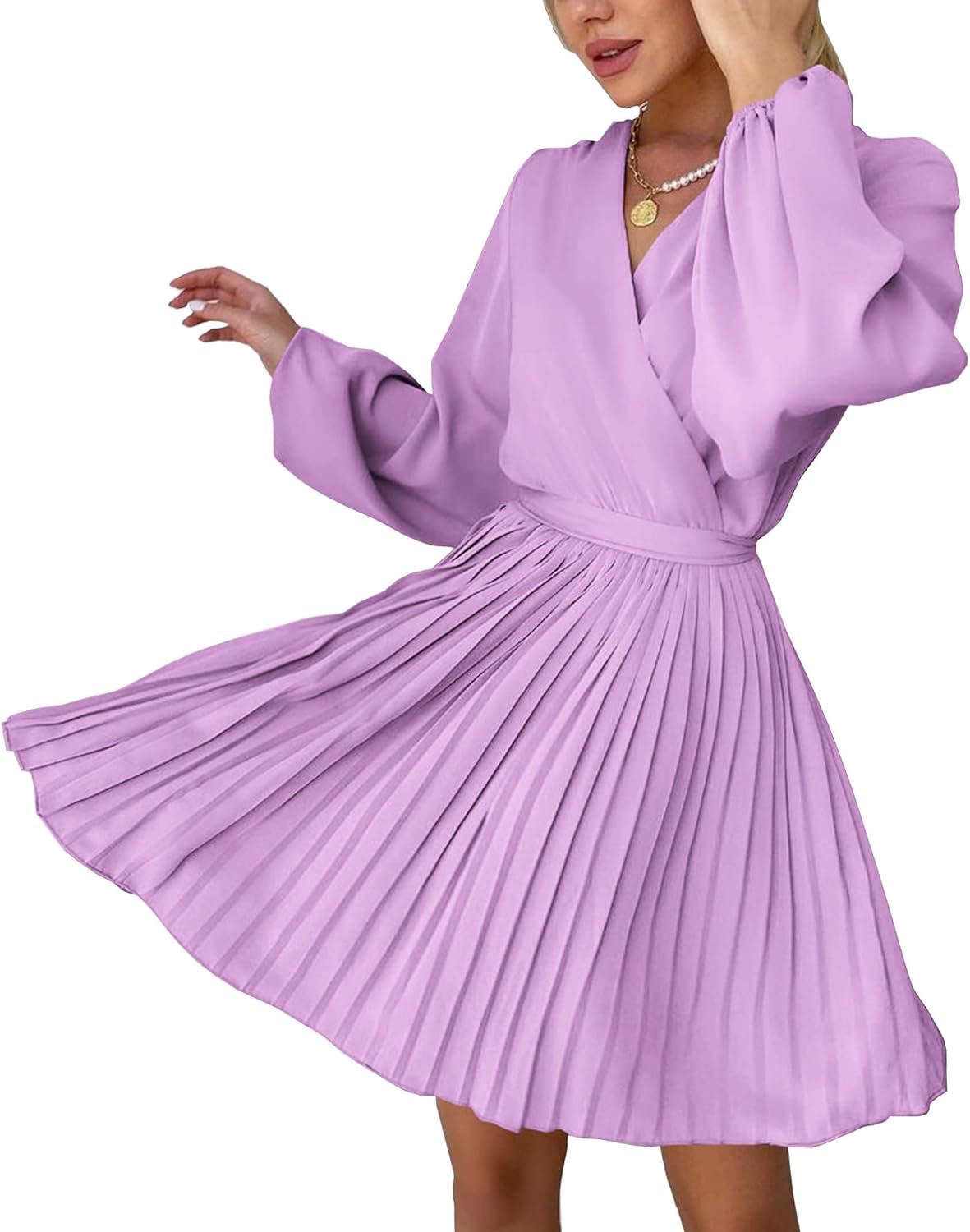 Women Casual Summer Fall Dresses 2023 Boho Wrap V Neck Puff Long Sleeve Cocktail Flowy Pleated A-Line Mini Dress