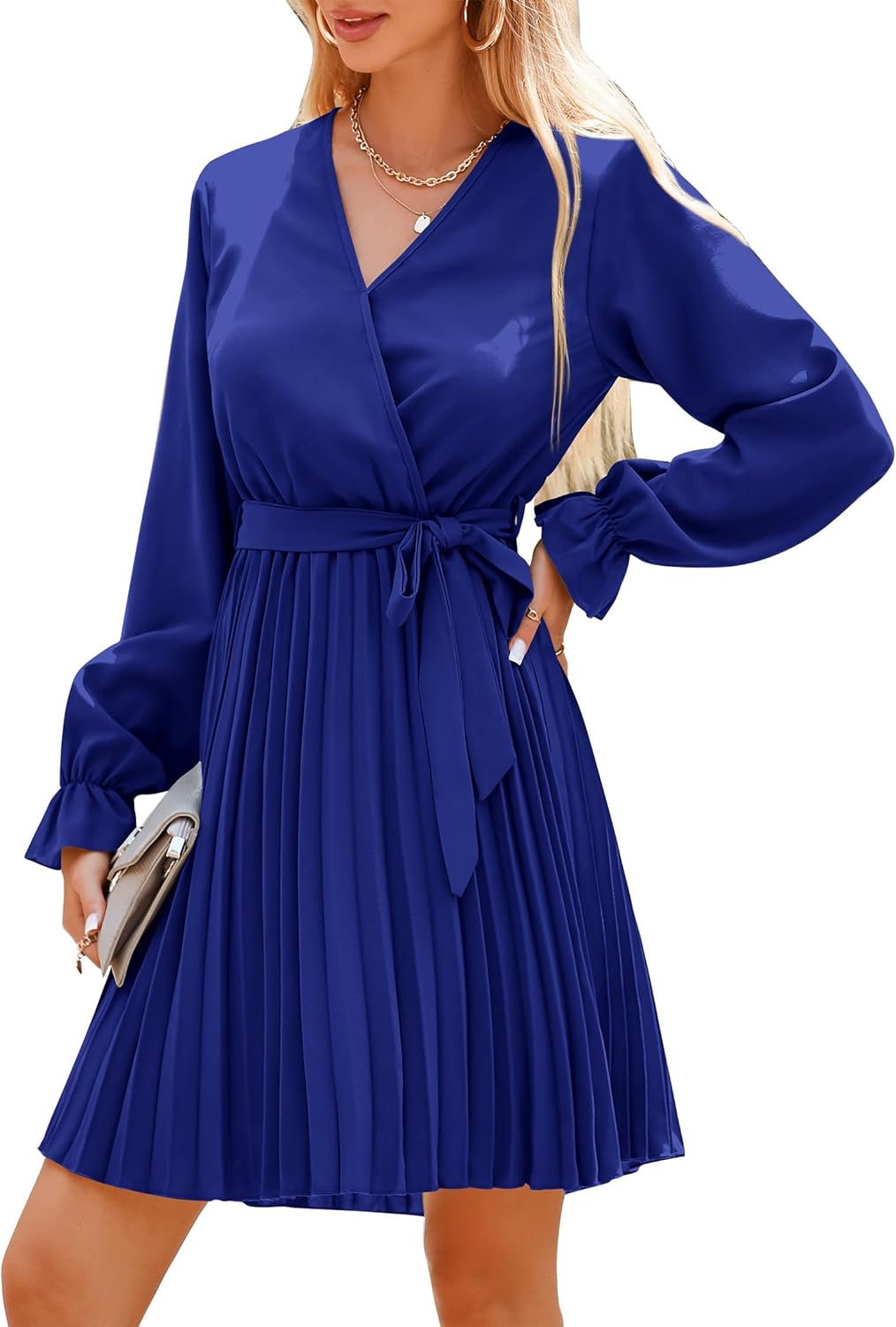 Women's 2023 Fall Long Sleeve Wrap V Neck Pleated Mini Cocktail Dress Casual A Line Flowy Wedding Guest Dresses
