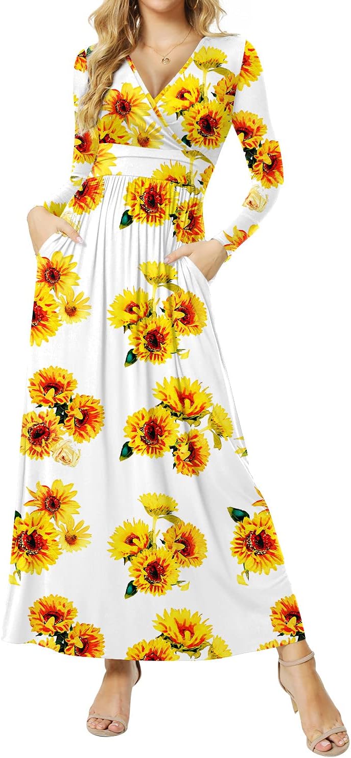 Women's Dresses Deep V-Neck Long Sleeve Empire Waist Long Dress Casual with Pockets