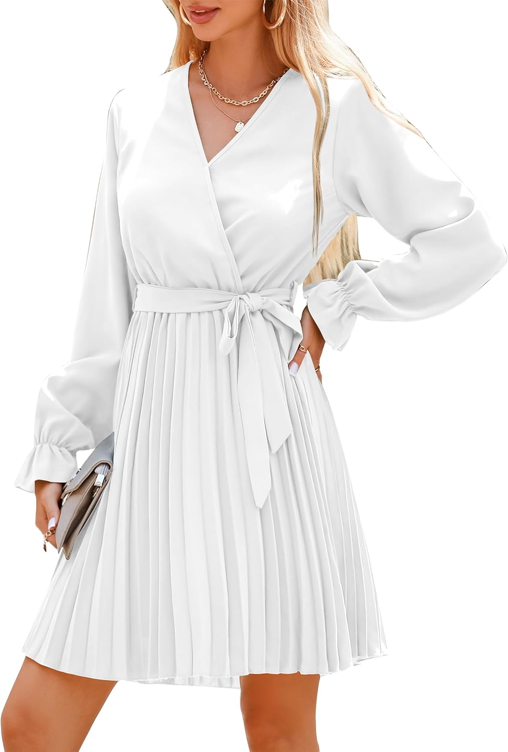 Women's 2023 Fall Long Sleeve Wrap V Neck Pleated Mini Cocktail Dress Casual A Line Flowy Wedding Guest Dresses