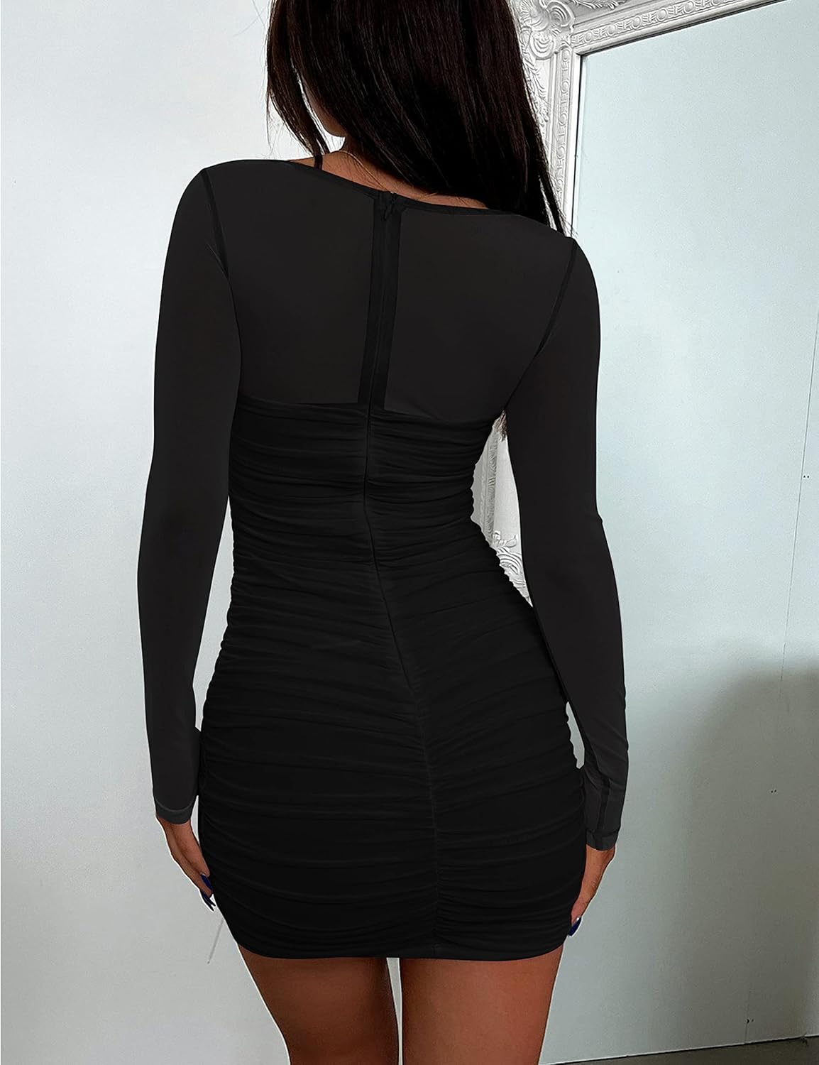 Women's Sexy Ruched Bodycon Mini Dress Mesh Long Sleeve Club Party Short Dresses