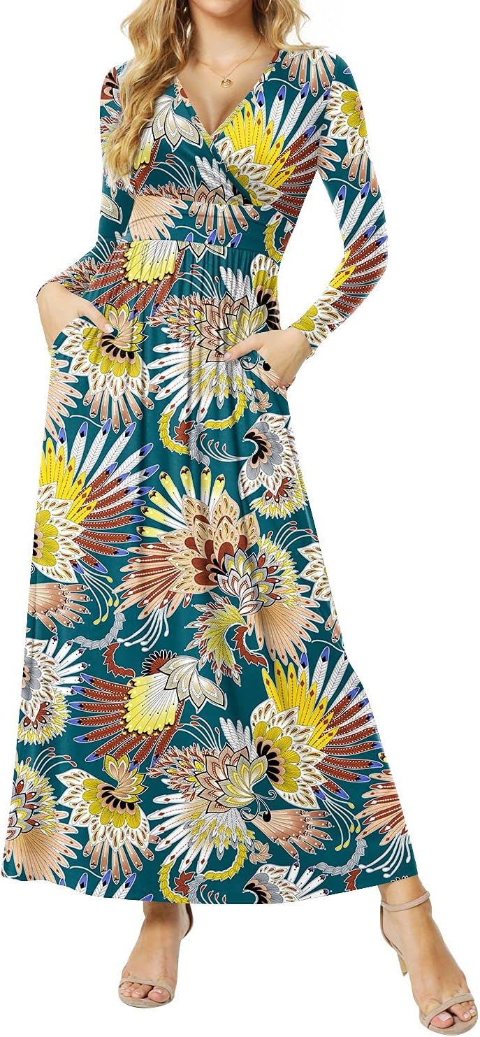 Women's Dresses Deep V-Neck Long Sleeve Empire Waist Long Dress Casual with Pockets