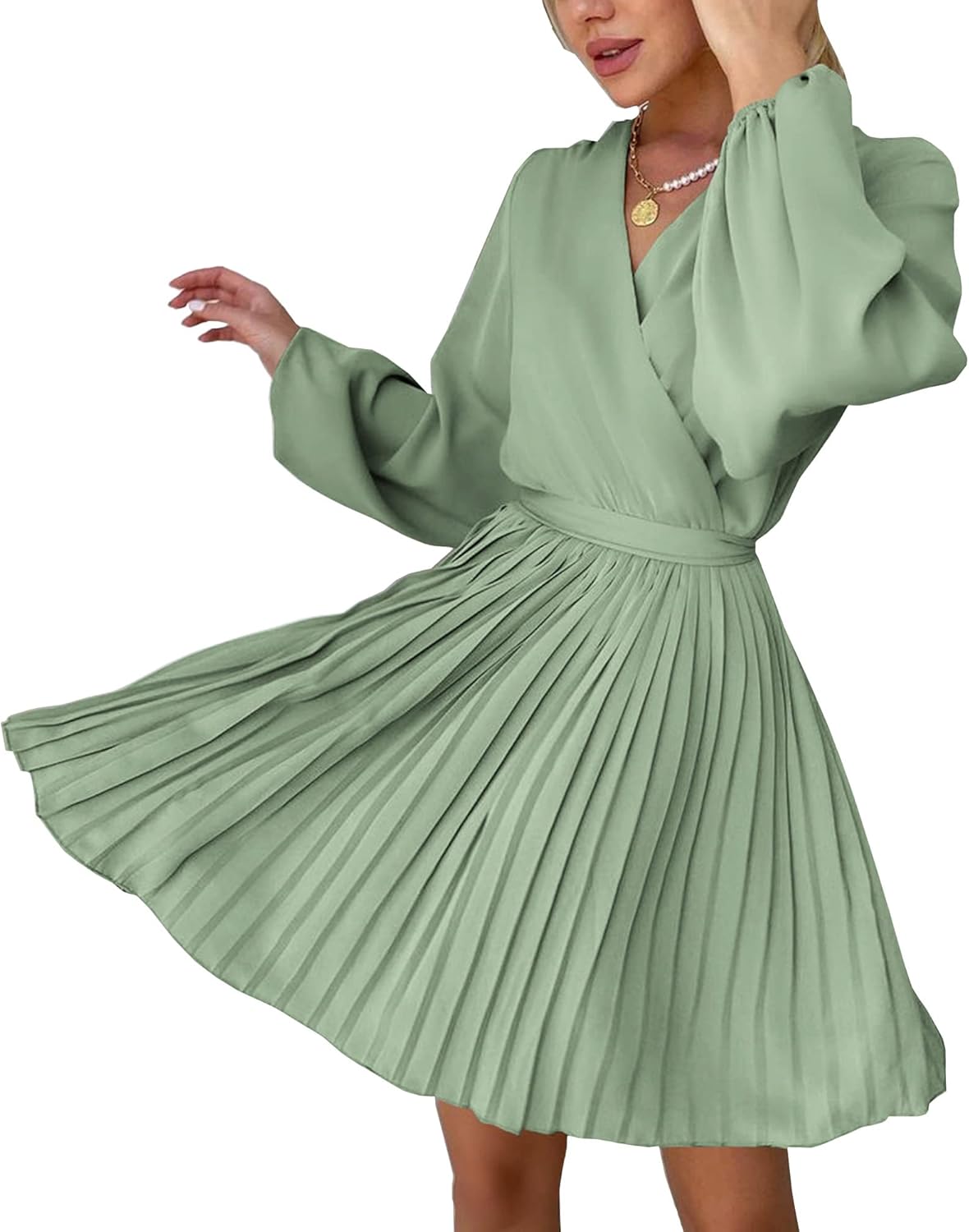 Women Casual Summer Fall Dresses 2023 Boho Wrap V Neck Puff Long Sleeve Cocktail Flowy Pleated A-Line Mini Dress