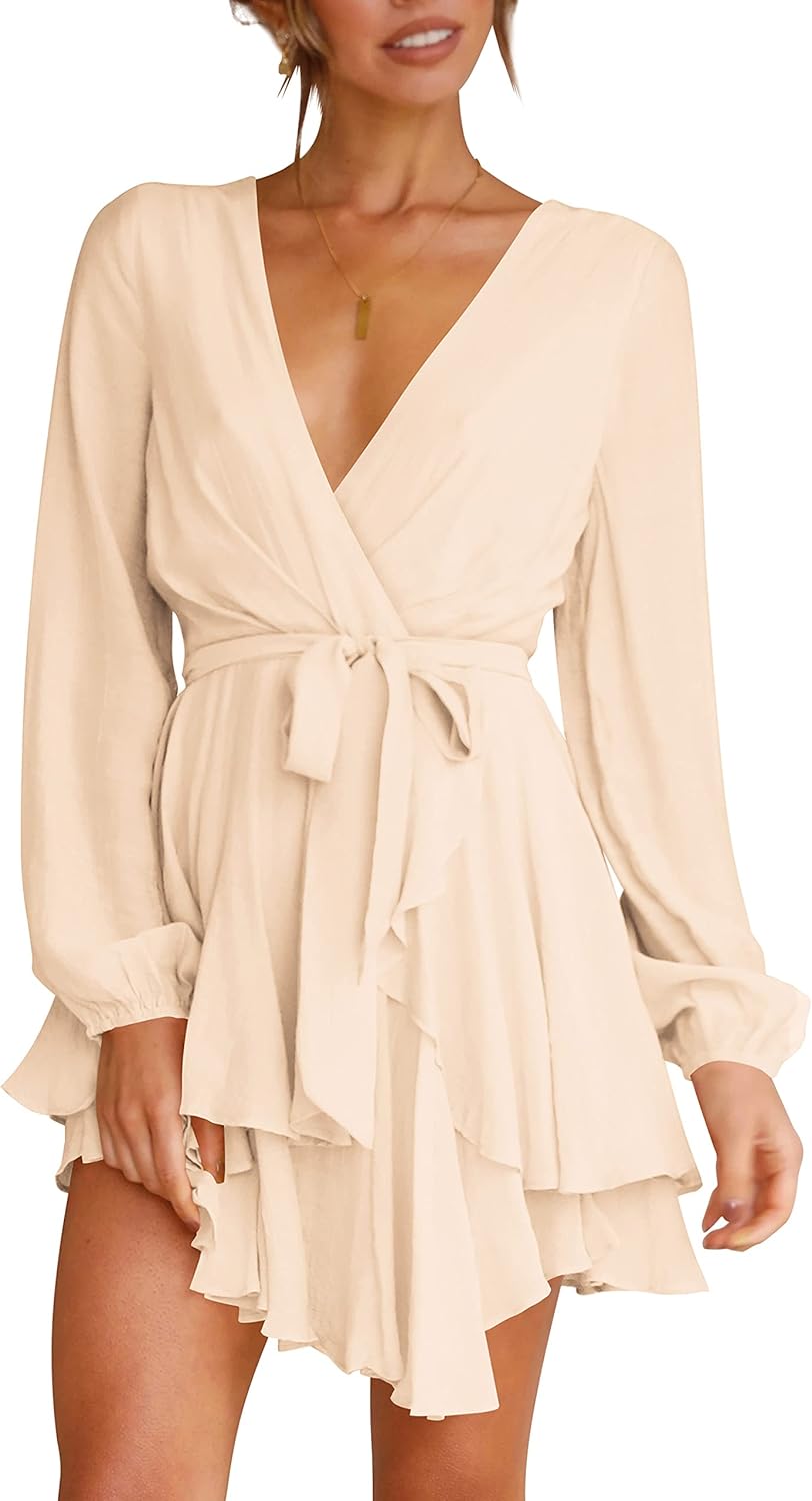 Women's Dress Deep V-Neck Long Sleeve Waist Tie Ruffle Mini Swing Skater Dresses