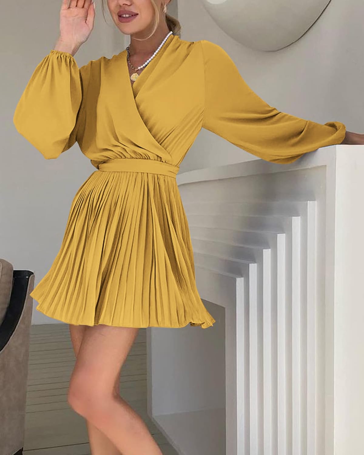 Women Casual Summer Fall Dresses 2023 Boho Wrap V Neck Puff Long Sleeve Cocktail Flowy Pleated A-Line Mini Dress