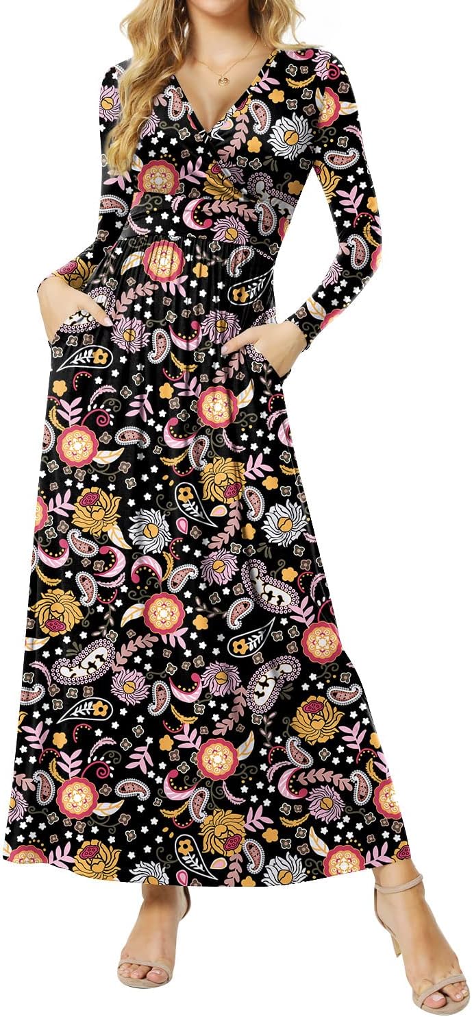 Women's Dresses Deep V-Neck Long Sleeve Empire Waist Long Dress Casual with Pockets