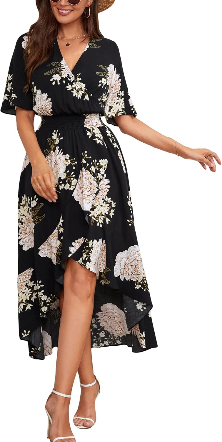 Womens Short Sleeve Floral High Low V-Neck Flowy Party Long Maxi Dress
