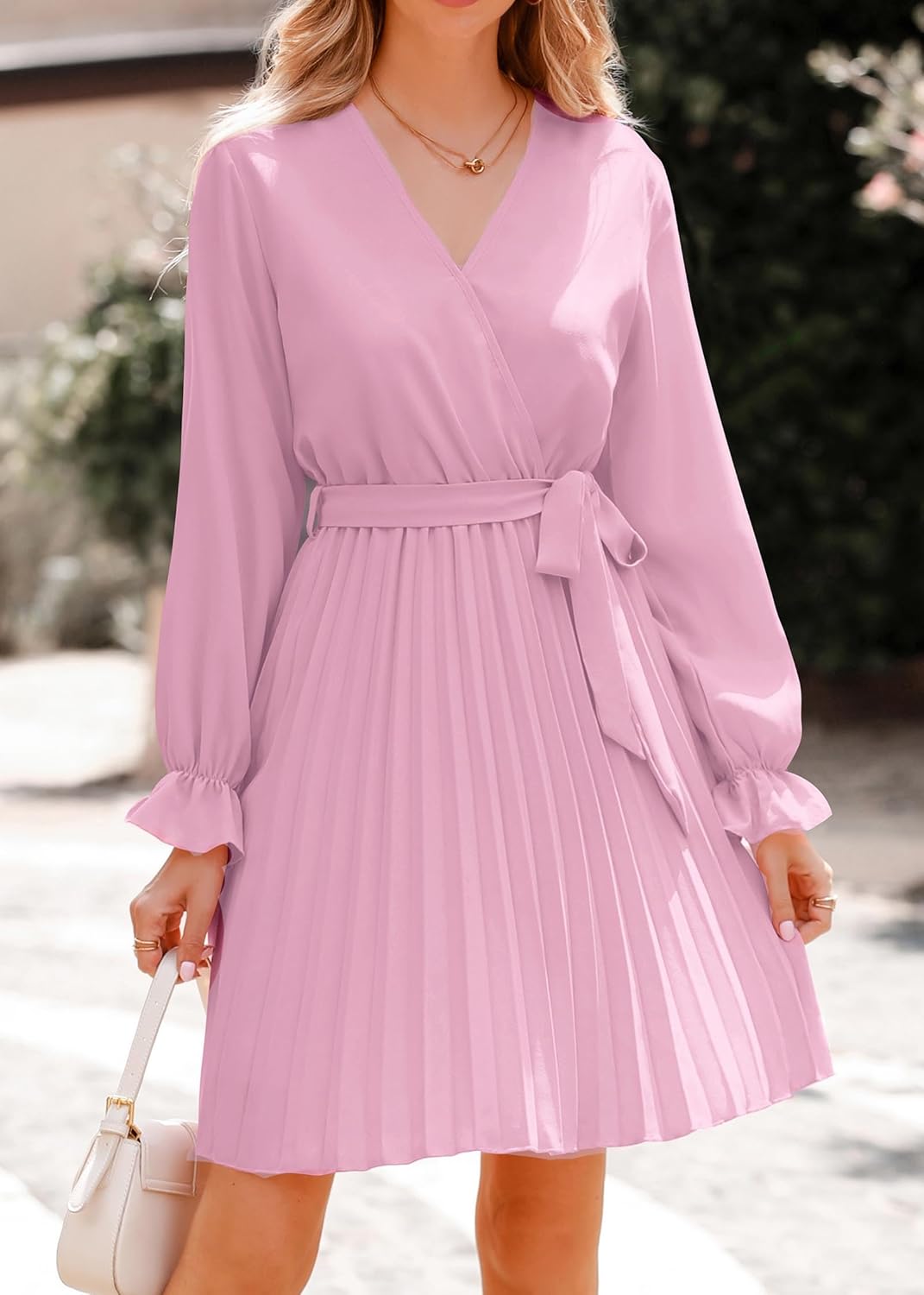 Women's 2023 Fall Long Sleeve Wrap V Neck Pleated Mini Cocktail Dress Casual A Line Flowy Wedding Guest Dresses