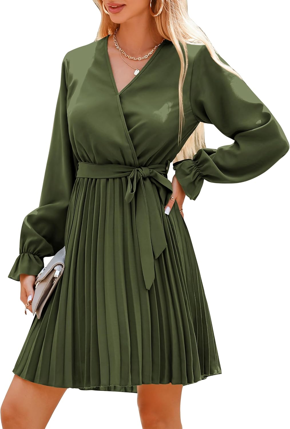 Women's 2023 Fall Long Sleeve Wrap V Neck Pleated Mini Cocktail Dress Casual A Line Flowy Wedding Guest Dresses