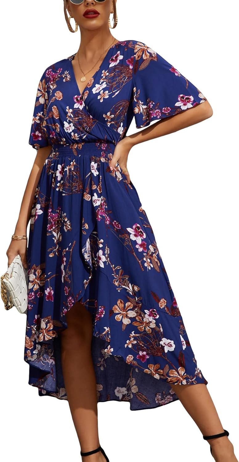 Womens Short Sleeve Floral High Low V-Neck Flowy Party Long Maxi Dress