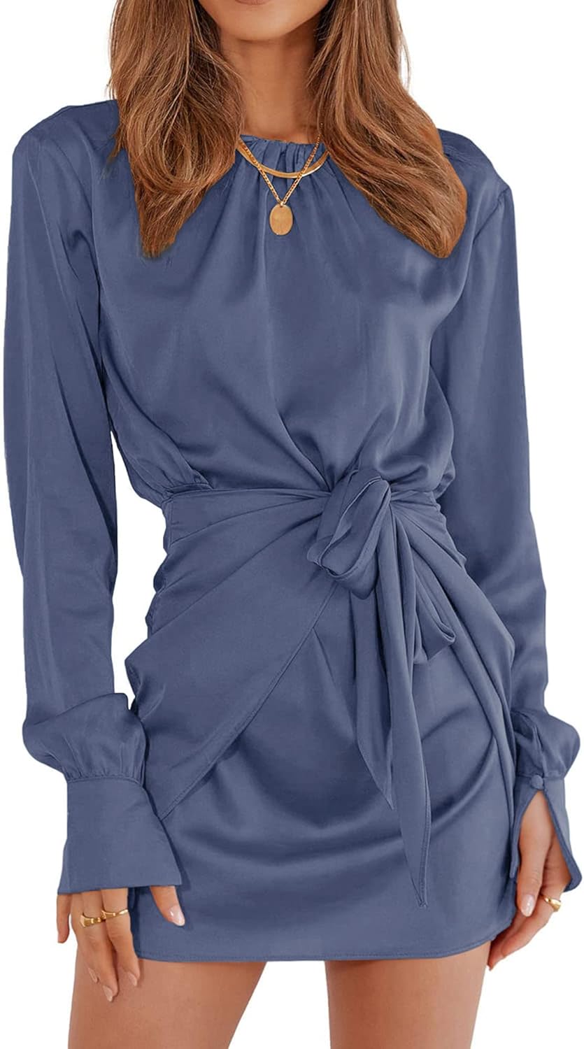 Women Casual Long Sleeve Ruched Wrap Dress Crew Neck Tie Waist Short Dresses Solid Party Dresses Satin Cocktail Dress