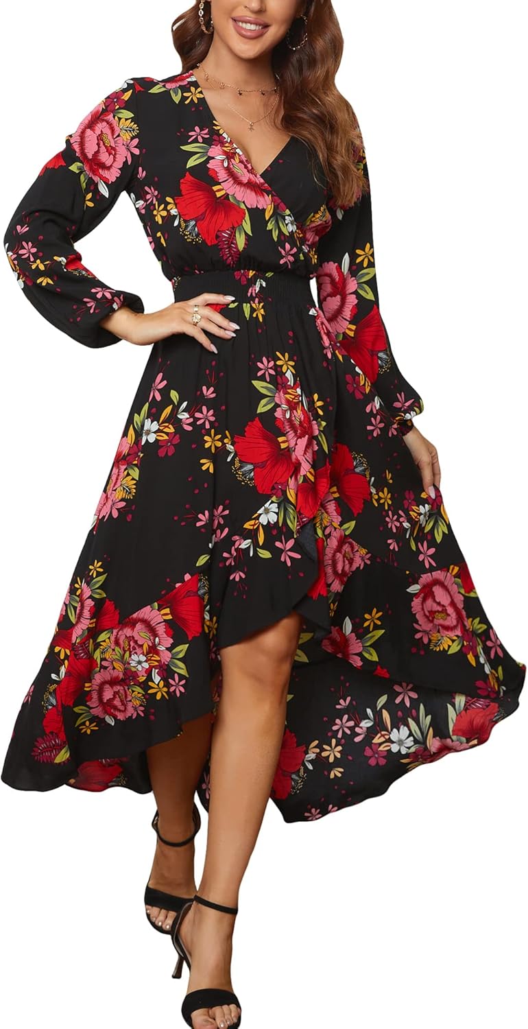 Womens Short Sleeve Floral High Low V-Neck Flowy Party Long Maxi Dress