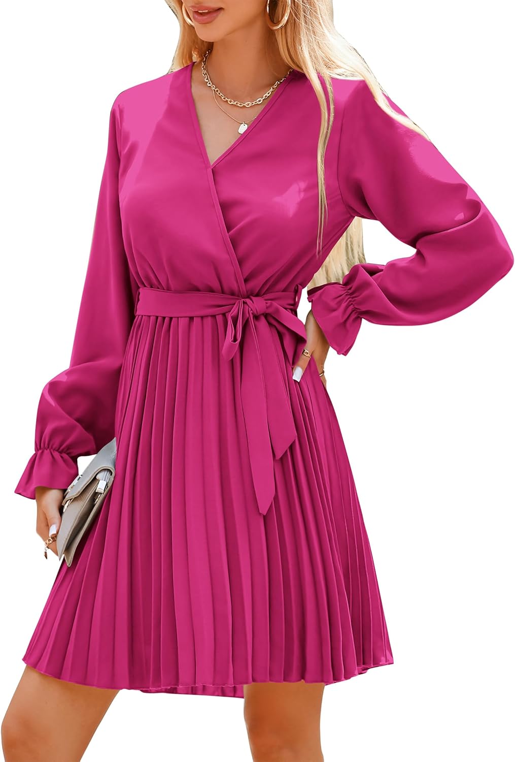 Women's 2023 Fall Long Sleeve Wrap V Neck Pleated Mini Cocktail Dress Casual A Line Flowy Wedding Guest Dresses