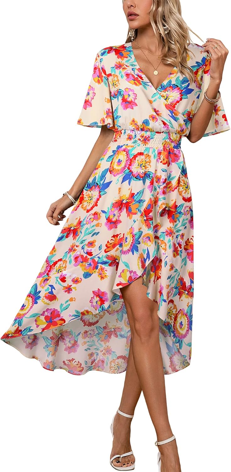 Womens Short Sleeve Floral High Low V-Neck Flowy Party Long Maxi Dress