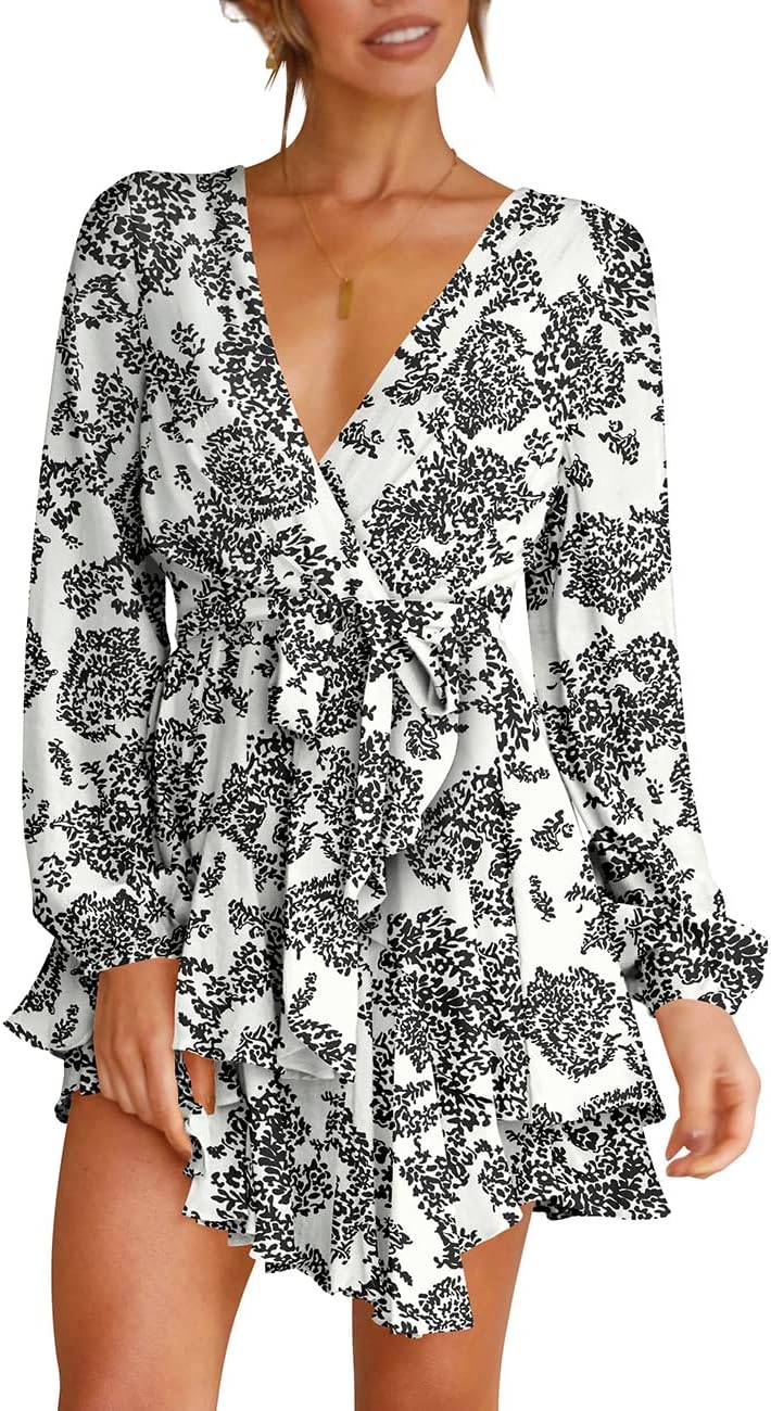 Women's Dress Deep V-Neck Long Sleeve Waist Tie Ruffle Mini Swing Skater Dresses