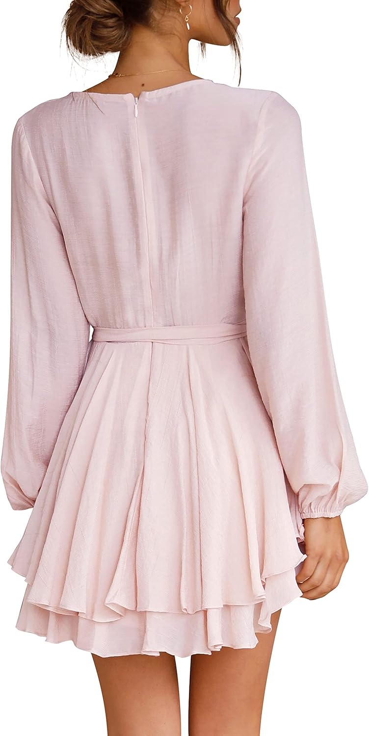 Women's Dress Deep V-Neck Long Sleeve Waist Tie Ruffle Mini Swing Skater Dresses