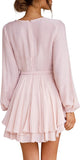 Women's Dress Deep V-Neck Long Sleeve Waist Tie Ruffle Mini Swing Skater Dresses