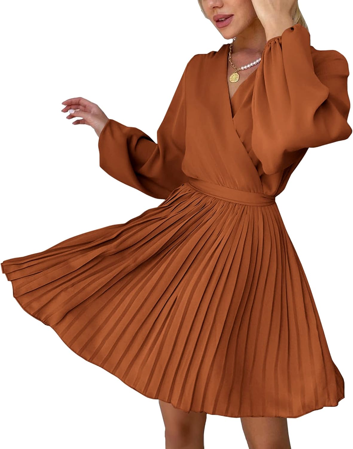 Women Casual Summer Fall Dresses 2023 Boho Wrap V Neck Puff Long Sleeve Cocktail Flowy Pleated A-Line Mini Dress