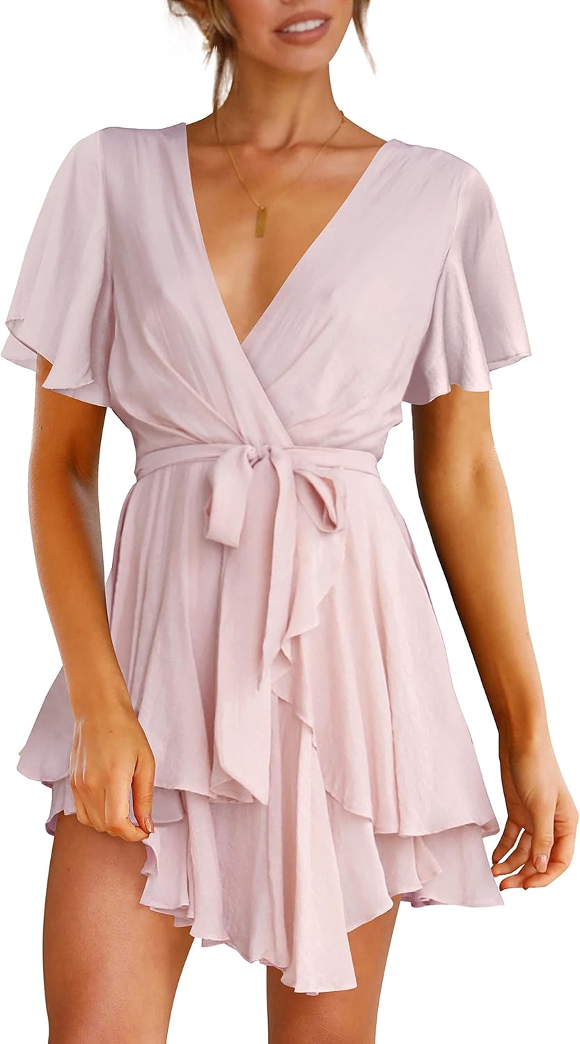 Women's Dress Deep V-Neck Long Sleeve Waist Tie Ruffle Mini Swing Skater Dresses