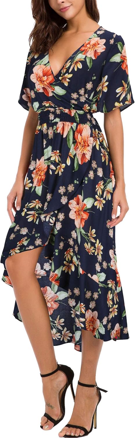 Womens Short Sleeve Floral High Low V-Neck Flowy Party Long Maxi Dress