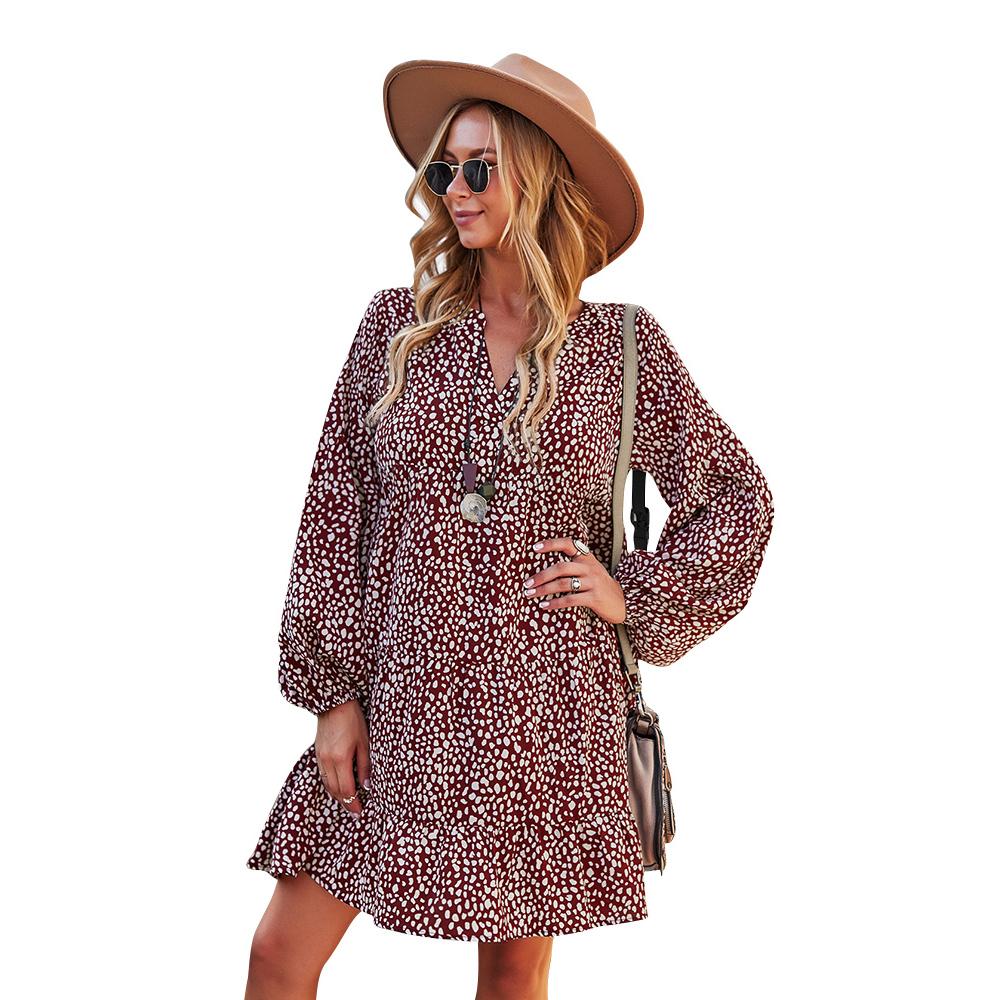 Women's Soft Lightweight Feminine Elastic Bohemian Leopard Speckled Print Long Lantern Sleeve V-Neck Tiered Ruffle Mini Dress - Comfortable Fit, Hip-Loose Flowy Tunic, Casual Wear for Day, Vacation