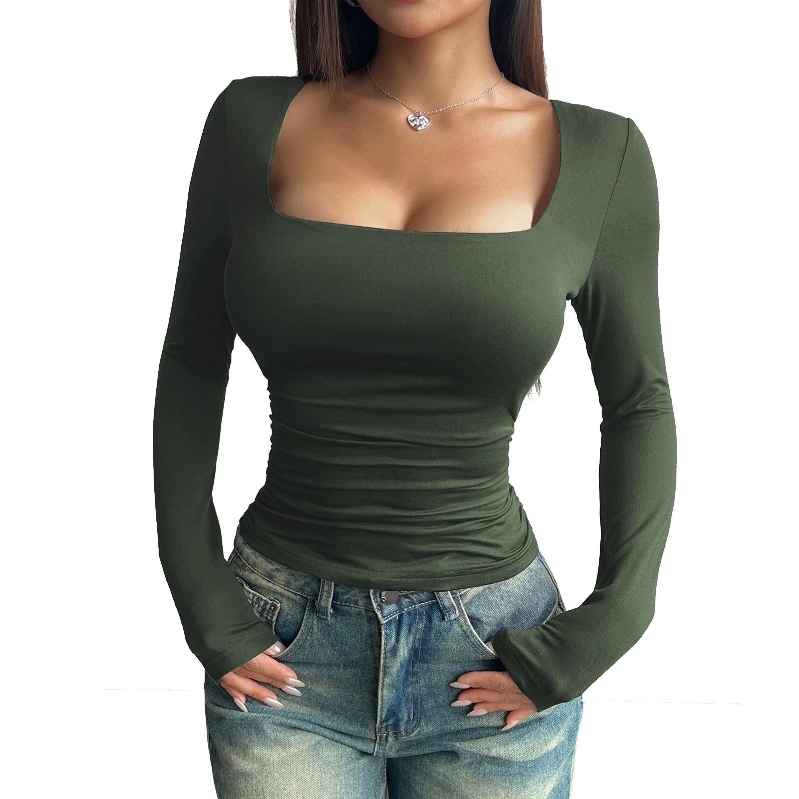 Women's Minimal Cute Deep Square Neck Full-Sleeve Ruched Waist Soft Stretch Solid Bodycon Cropped T-Shirt - High Elastic Fitted Basic Tee for Daily, Club Streetwear
