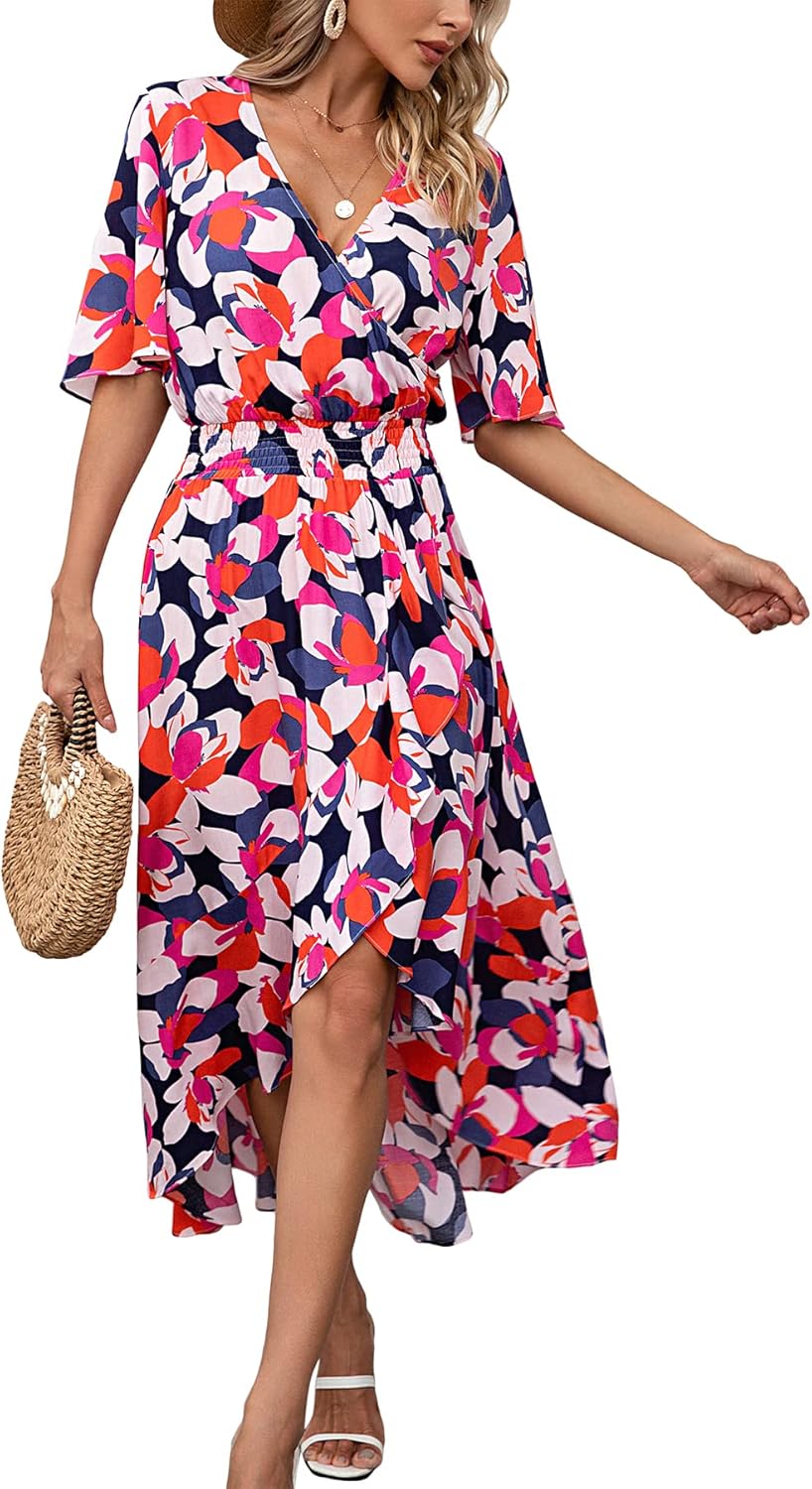 Womens Short Sleeve Floral High Low V-Neck Flowy Party Long Maxi Dress