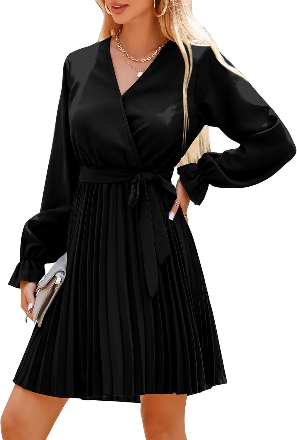 Women's 2023 Fall Long Sleeve Wrap V Neck Pleated Mini Cocktail Dress Casual A Line Flowy Wedding Guest Dresses
